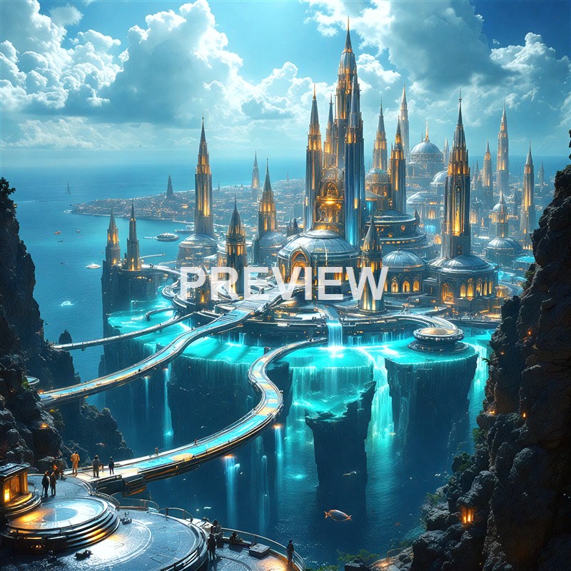 A majestic, futuristic city with tall, illuminated spires and waterfalls flowing into the ocean, connected by winding bridges, set against a bright sky with clouds.
